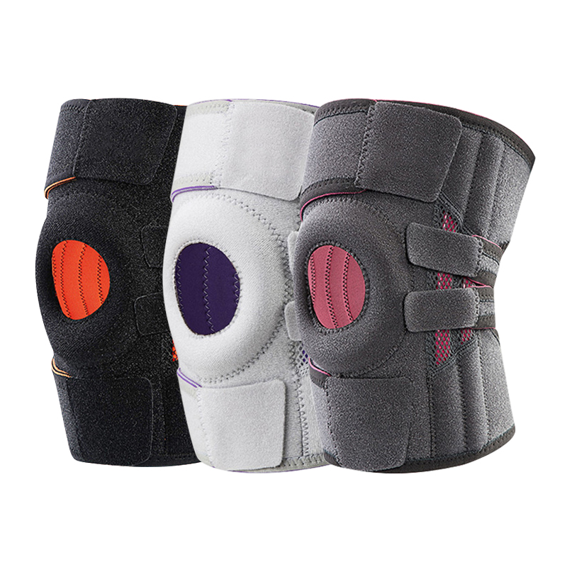 Patella Gel Pad Suporte ao joelho aberto com estabilizadores de mola lateral ， tiras de velcro ajustáveis